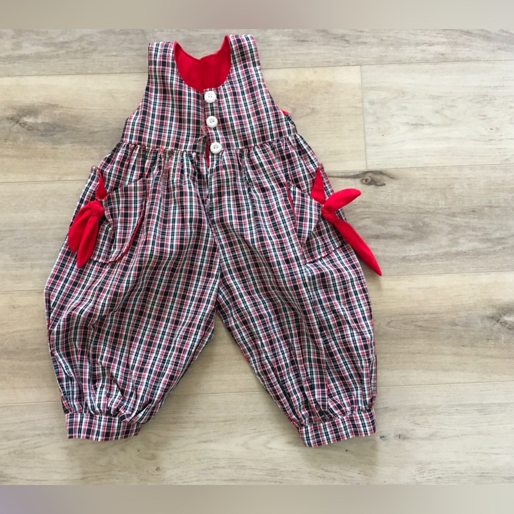 Christmas Children’s Romper, Plaid with Buttons and Red Details. Handmade